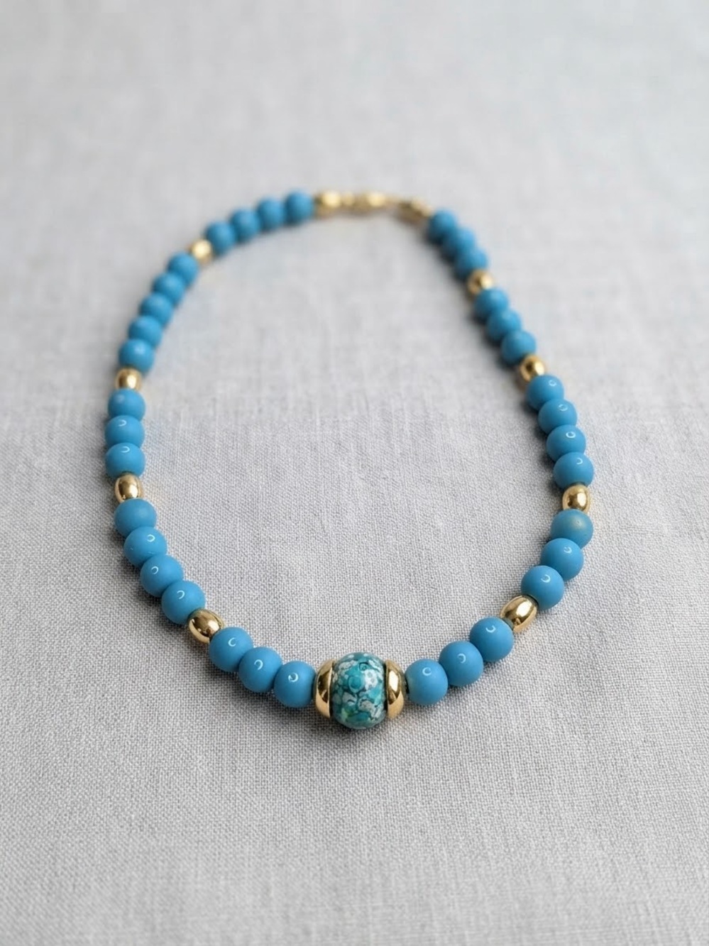 Turquoise Bead Necklace with Gold Accents - Blue